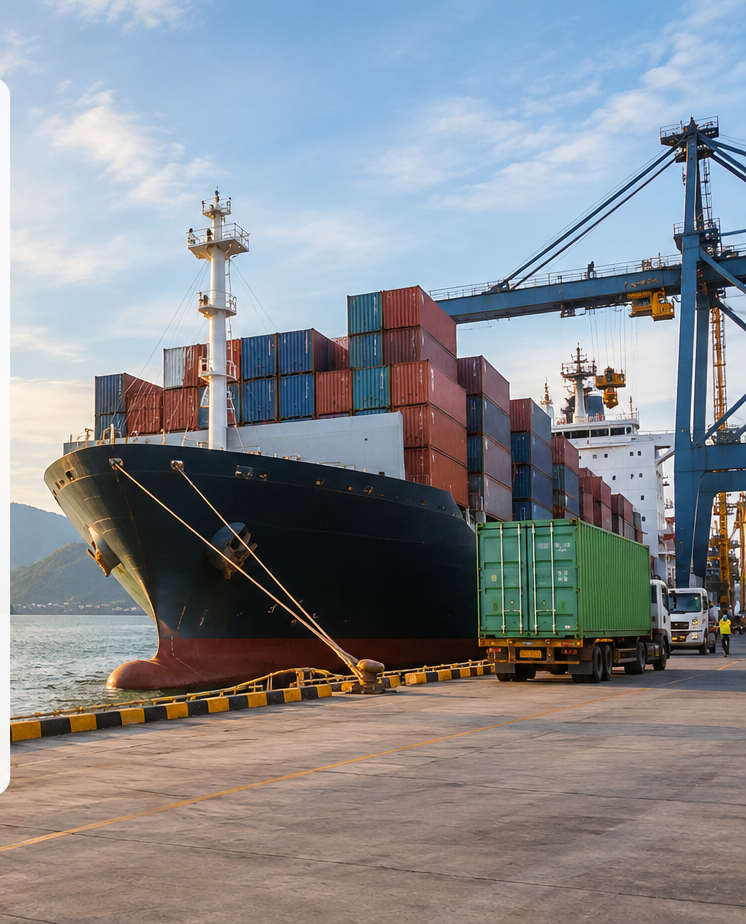 Ilustrasi pelabuhan dan container untuk fitur Lacak Kontainer